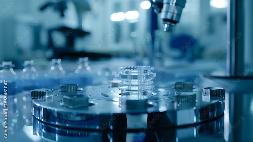Poster robotic arm performing automated analysis on a microplate in a modern, sterile biotechnology researc