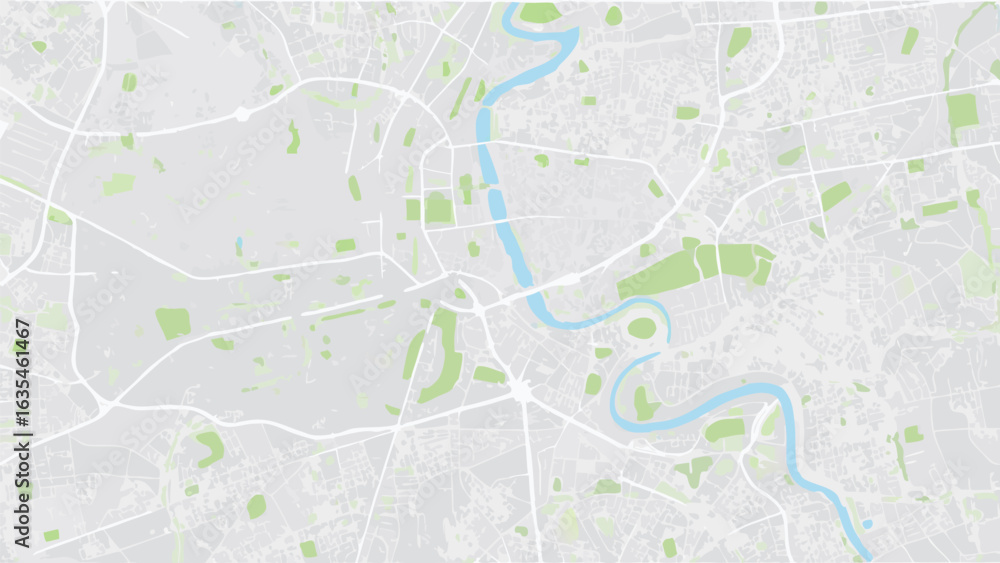Poster vector aerial view of a city map with a winding river flowing through it and green spaces scattered 