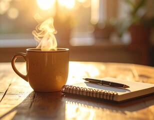 A cozy yellow mug with steaming hot coffee or tea on a wooden table with a notebook at sunrise, concept of a morning ritual.