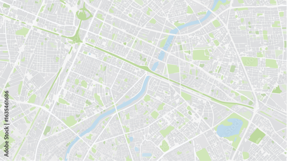 Poster vector aerial view of a city map with rivers streets and green spaces in a light color palette desig