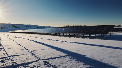 Solar panels producing renewable electricity in a winter setting, surrounded by snow and clear cold skies, symbolizing sustainable energy year-round.