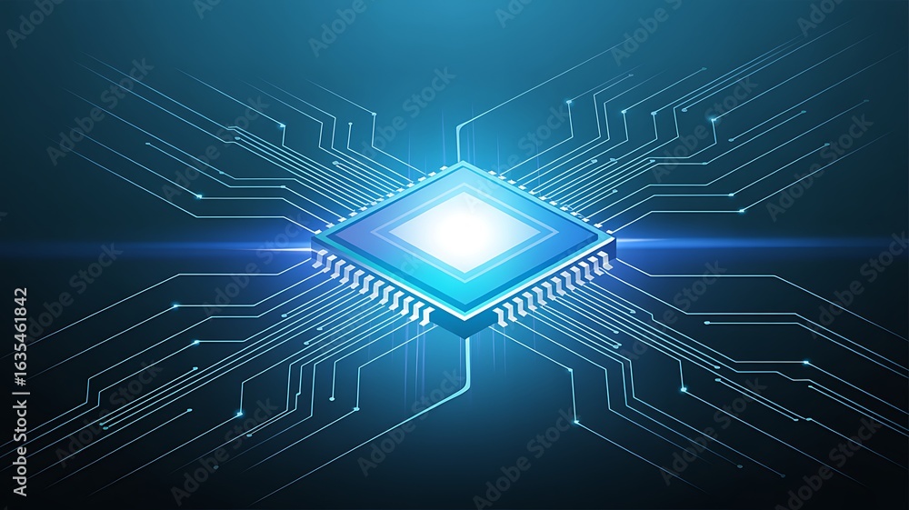Poster glowing central processing unit with a light flare on a digital circuit board background. a futurist