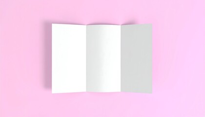 White trifold brochure mockup, blank and open, for design presentation on a minimalist pink background