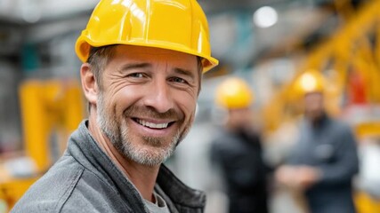 Smiling Engineer in Action: A close-up shot of a cheerful engineer, adorned in a yellow hardhat, working with dedication and a confident demeanor, exuding reliability and diligence.