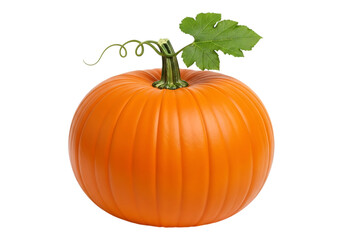 A ripe orange pumpkin with a green leaf and stem isolated on transparent background