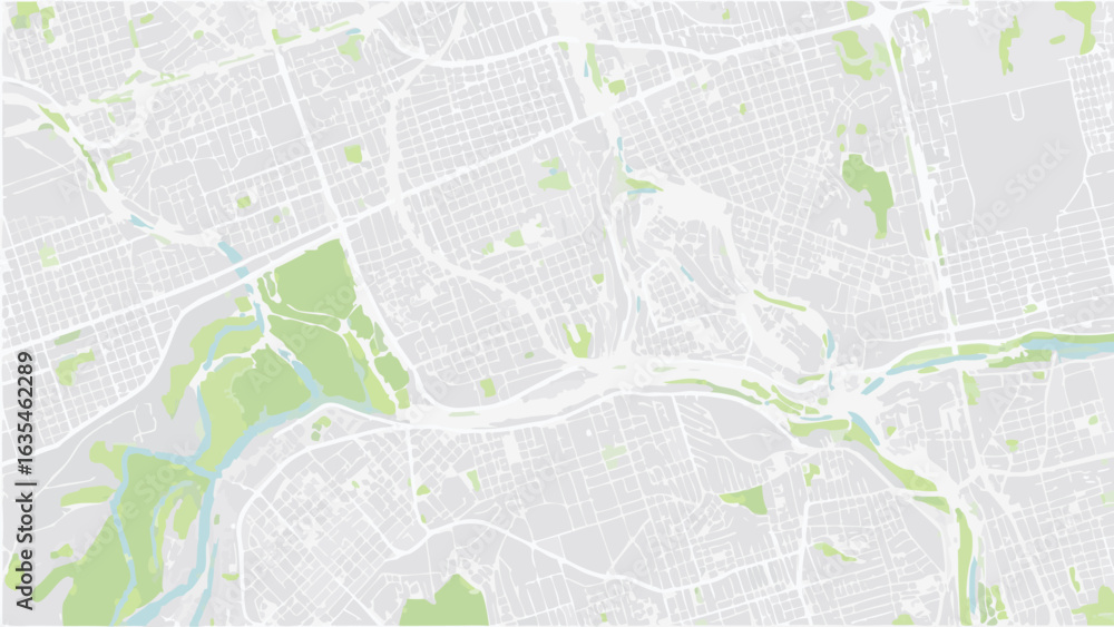 Poster vector aerial view of a city map with parks and rivers in light gray and green color palette design 