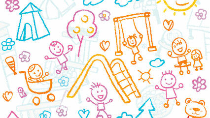 Colorful crayon drawing of children playing at the playground with a slide and swings and other fun things