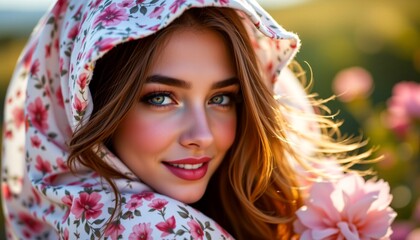 A woman in a field of flowers. She is wearing a floral hoodie and has her hair styled. Her makeup is done with natural shades, and she appears to be smiling at the camera