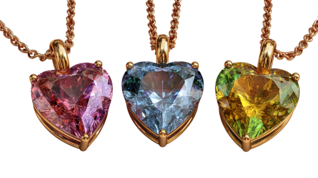 Elegant heart-shaped gemstone pendant necklaces in vibrant colors — luxury jewelry mockup with gold, silver and rose gold finishes, high-resolution PNG cutout isolated on transparent background