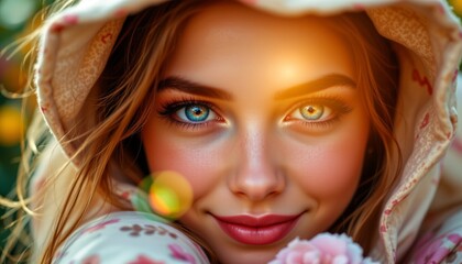 A young woman with captivating blue eyes looking directly at the camera. Her gaze is intense, drawing the viewer into her expression