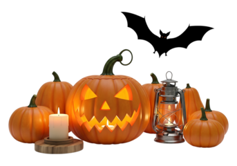 Jack o lantern and halloween decorations with candle and lantern isolated on transparent background