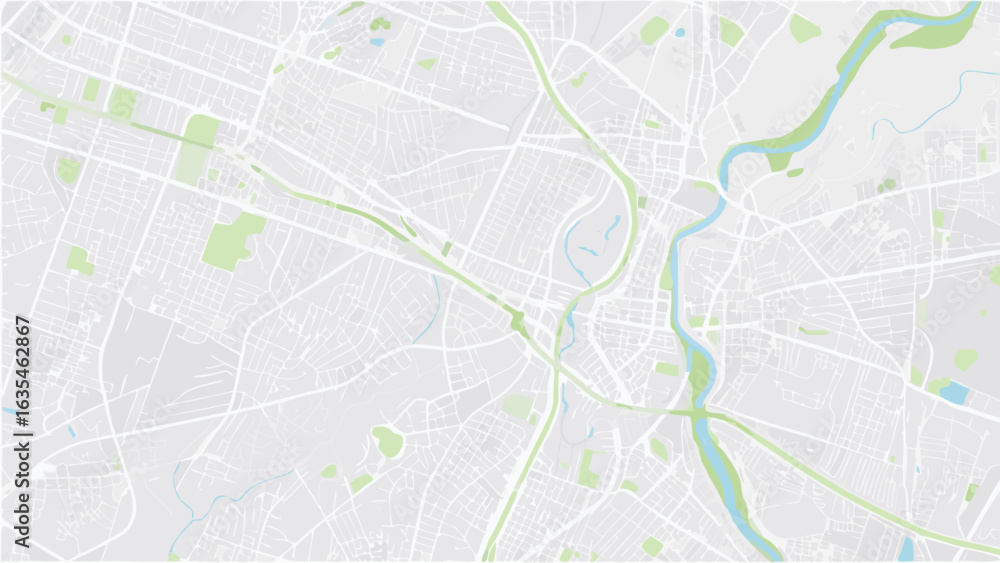 Poster vector aerial view of a city map with a river running through it and green spaces scattered througho