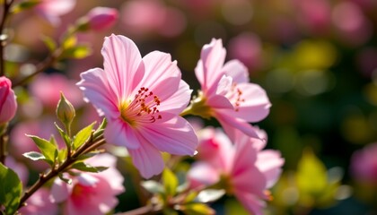 A vibrant display of pink flowers in full bloom, showcasing their delicate petals and lush green leaves set against a clear blue sky.