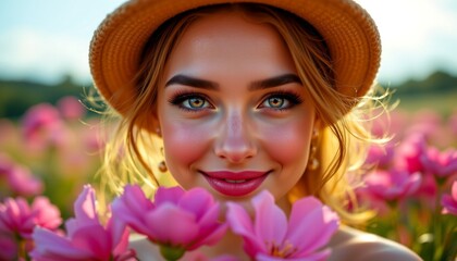 A young woman standing amidst a vibrant field of pink flowers. She is holding her face close to a cluster of flowers, capturing the essence of springtime
