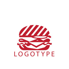 Red-and-white burger logo with striped bun and quirky placeholder text.