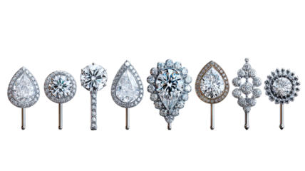 Diamond nose pins collection — isolated high-resolution PNG cutout set on transparent background for luxury jewelry design, e-commerce product listings, catalogs, and branding mockups
