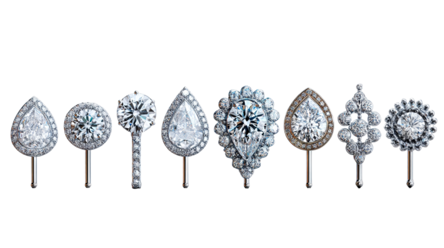 Diamond nose pins collection — isolated high-resolution PNG cutout set on transparent background for luxury jewelry design, e-commerce product listings, catalogs, and branding mockups - Powered by Adobe