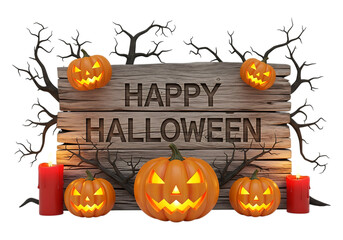 Spooky halloween scene with carved pumpkins and candles isolated on transparent background