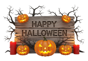 Spooky halloween scene with carved pumpkins and candles isolated on transparent background
