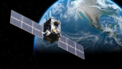 Satellite orbiting Earth with solar panels deployed providing essential services for global communication and monitoring from outer space technology