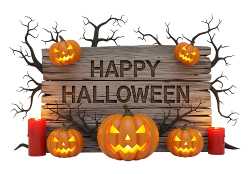 Spooky halloween scene with carved pumpkins and candles isolated on transparent background