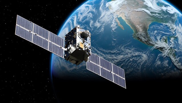Satellite orbiting Earth with solar panels deployed providing essential services for global communication and monitoring from outer space technology - Powered by Adobe
