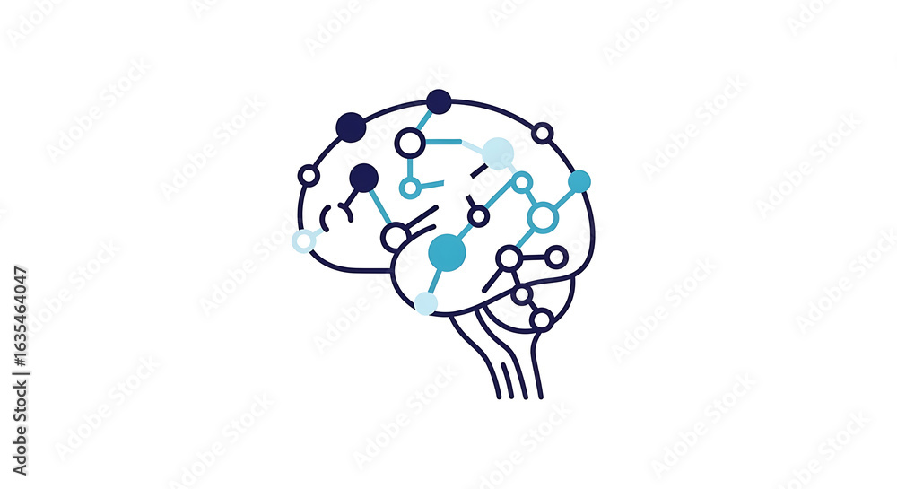 Aufkleber illustration of a brain with connected nodes representing neural networks and artificial intelligenc