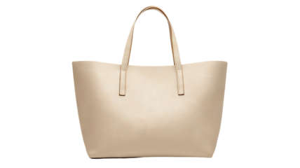 Minimalist beige canvas tote bag mockup — high-resolution isolated PNG cutout on transparent background, blank reusable shopping bag for branding, packaging design, and e-commerce product display