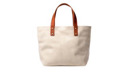 Minimalist beige canvas tote bag mockup — high-resolution isolated PNG cutout on transparent background, blank reusable shopping bag for branding, packaging design, and e-commerce product display