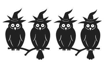 set of owl on branch with Witch hat silhouette vector illustration