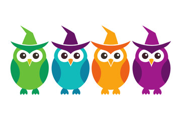 set of owl on branch with Witch hat silhouette vector illustration