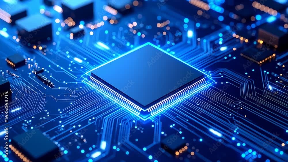Poster blue circuit board featuring a central processor and glowing pathways in a futuristic design showcas