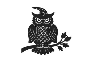 owl on branch with Witch hat silhouette vector illustration