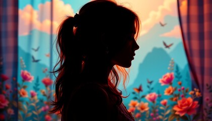 A silhouette of a person with long hair standing against a wall with a floral pattern