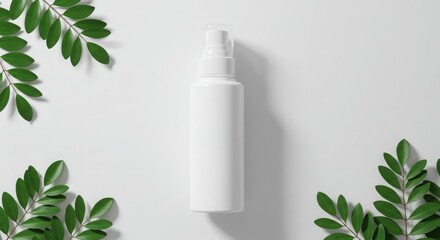 Minimalist white cosmetic bottle mockup, green leaves, natural light, clean