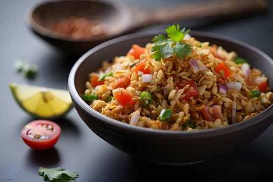 Delicious indian street food bhel puri served in a bowl with lime and tomatoes