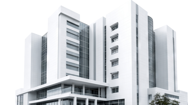 Modern glass business building isolated for cutout — contemporary corporate office tower with reflective facade, clean edges and transparent background feel, ideal for architecture mockups, branding