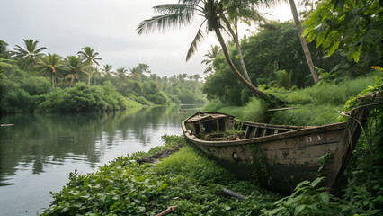 Abandoned Boat in Lush Tropical Backwater