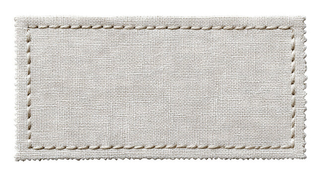 Rectangular fabric label with stitched border — minimalist eco-friendly textile tag mockup, blank cloth patch for branding and garment labeling, high-resolution isolated PNG on transparent background