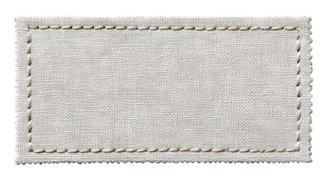 Rectangular fabric label with stitched border — minimalist eco-friendly textile tag mockup, blank cloth patch for branding and garment labeling, high-resolution isolated PNG on transparent background