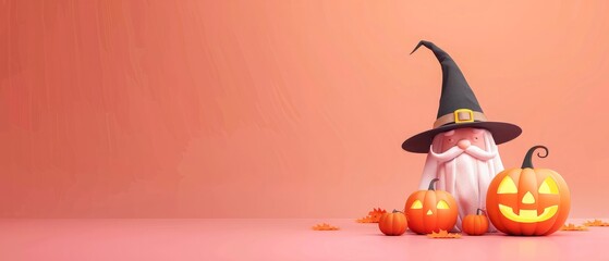 Halloween ornage colour Background with pumpkin and wizard har, Halloween day wallpapers