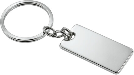 Sleek silver metal keychain with blank rectangular tag isolated on transparent background — high-resolution PNG cutout mockup for branding, engraving preview, and e-commerce listings