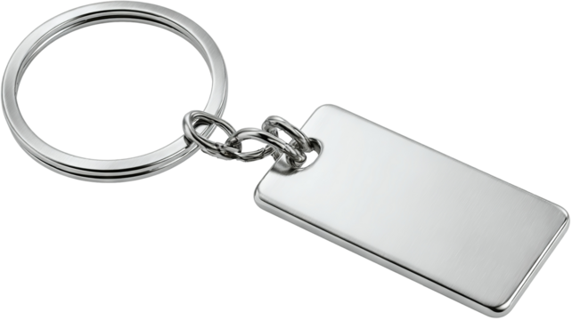 Sleek silver metal keychain with blank rectangular tag isolated on transparent background — high-resolution PNG cutout mockup for branding, engraving preview, and e-commerce listings