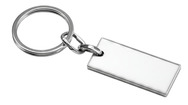 Sleek silver metal keychain with blank rectangular tag isolated on transparent background — high-resolution PNG cutout mockup for branding, engraving preview, and e-commerce listings
