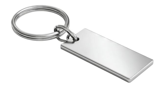 Sleek silver metal keychain with blank rectangular tag isolated on transparent background — high-resolution PNG cutout mockup for branding, engraving preview, and e-commerce listings