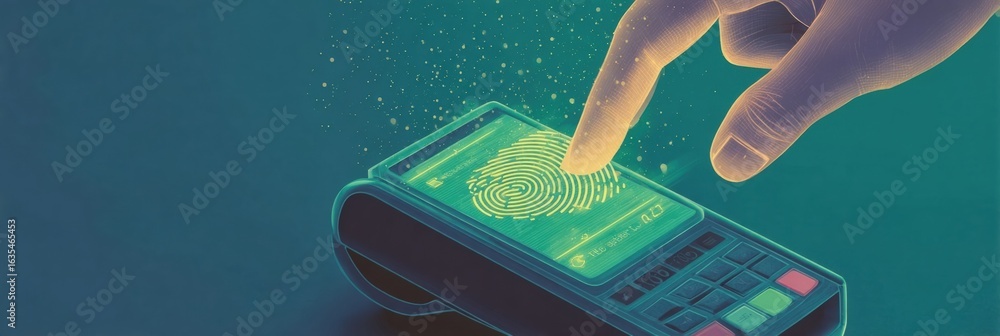 Poster innovative payment technology with fingerprint scanning and digital interaction at a payment termina