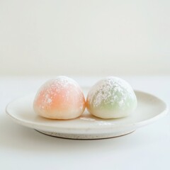 A delicate Japanese mochi dessert in pastel colors, dusted with fine rice flour