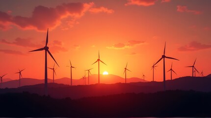Wind Turbines at Sunset: Renewable Energy Landscape with Orange Sky and Mountain Silhouettes