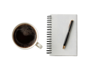 A cup of coffee and a notepad with pen, viewed from above