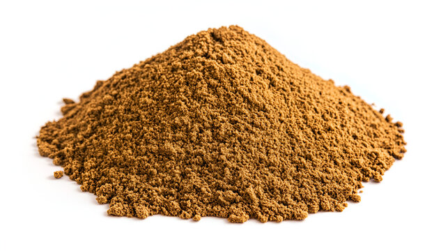 A conical pile of finely ground brown spice powder, like cinnamon or allspice, isolated on a white background. - Powered by Adobe